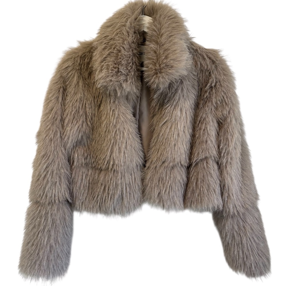 NWOT Jason Wu Taupe Gray Shimmery Faux Fir Short Coat Size Small